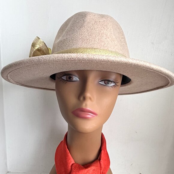 Vegan Panama Rancher Fedora Tan Wide Brim Daffodil Gold Ribbon Bow Hat New